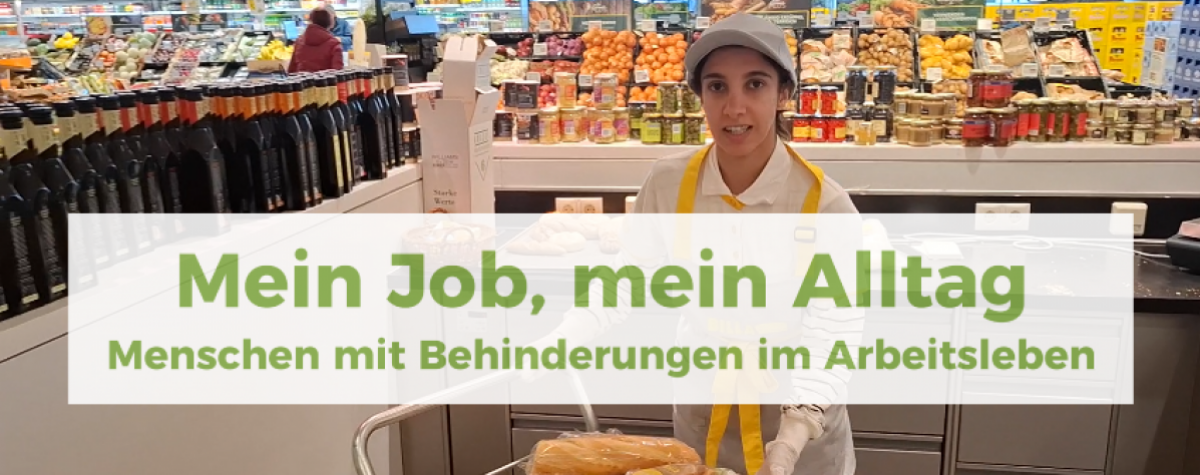 Mitarbeiterin in Supermarkt schiebt Wagen mit zubereiteten Speisen. Texteinblendung: Mein Job, mein Alltag - Menschen mit Behinderungen im Arbeitsleben