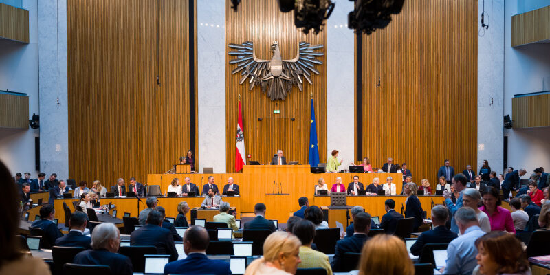 Blick in den österreichischen Nationalrat während der Debatte am 8.7.2026. Zu sehen sind Plenum, Regierungsbank, Adler im Nationalratssaal.