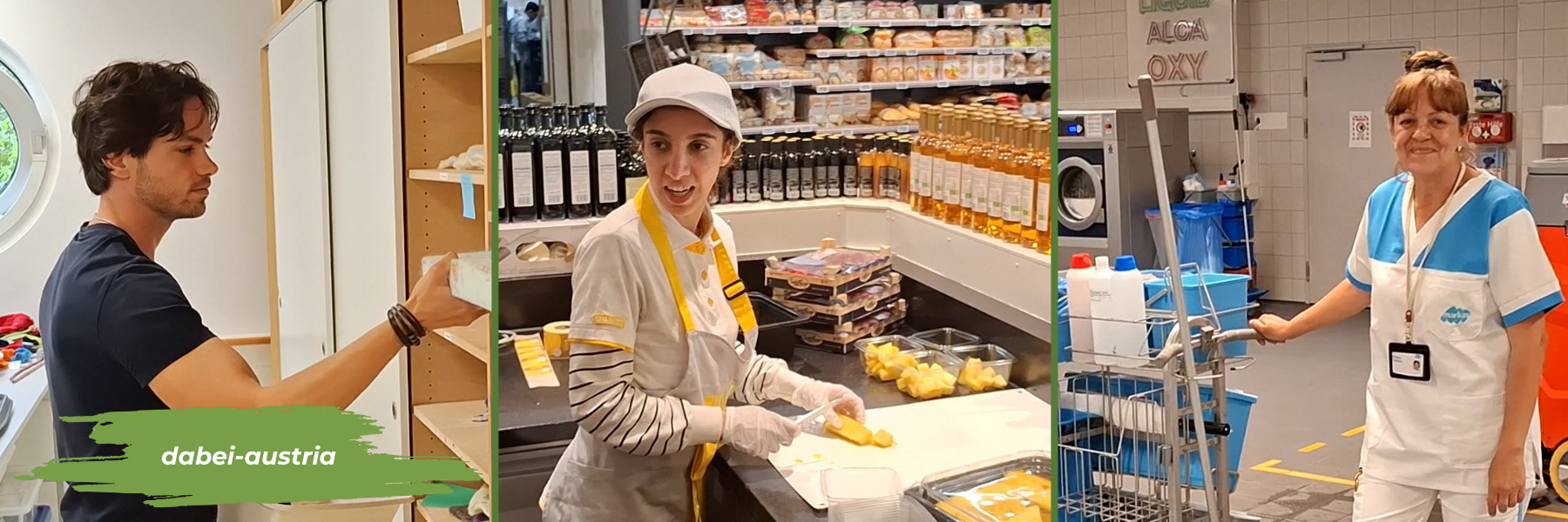 Das Bild zeigt drei Menschen in drei verschiedenen Arbeitsszenen: junger Mann zieht etwas aus einem Regal, junge Frau schneidet Obst an Theke in Supermarkt, Reinigungskraft in Waschküche.