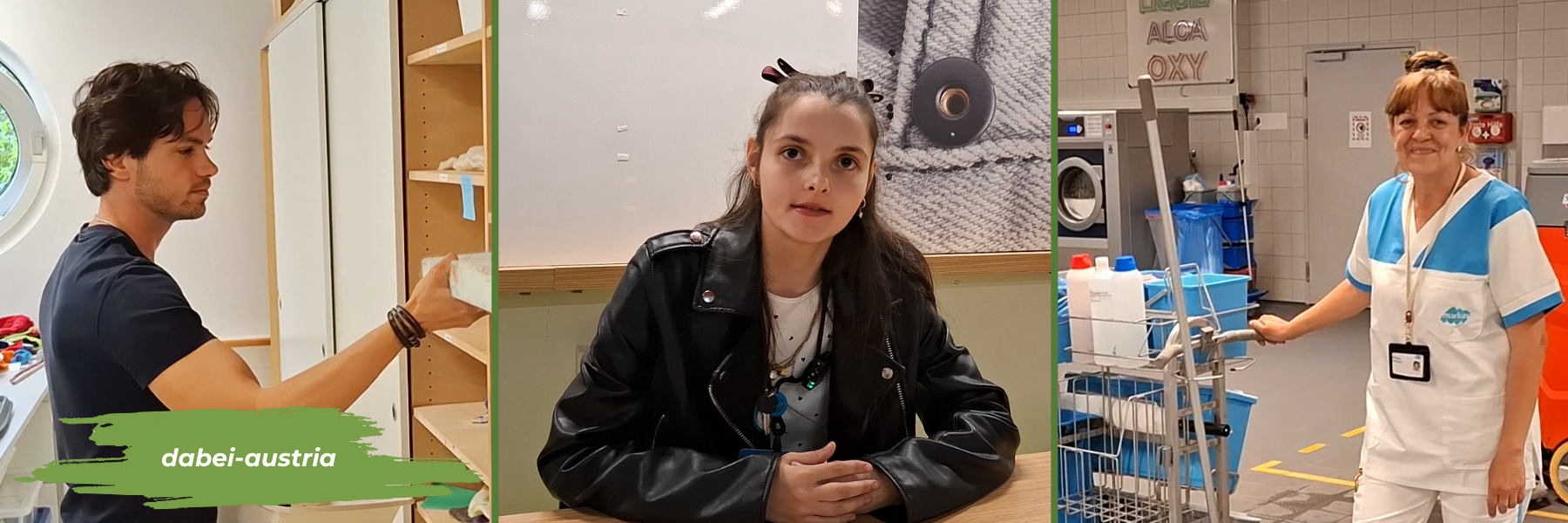 Das Bild zeigt drei Menschen in drei verschiedenen Arbeitsszenen: junger Mann zieht etwas aus einem Regal, junge Frau schaut bei Interview in die Kamera, Reinigungskraft in Waschküche.