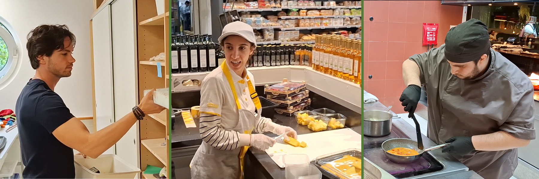 Das Bild zeigt drei Menschen in drei verschiedenen Arbeitsszenen: junger Mann zieht etwas aus einem Regal, junge Frau schneidet Obst an Theke in Supermarkt, junger Mann bereitet in Hotelküche Eierspeise zu.